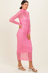 Pink Polka Dot Mesh Overlay Midi Dress