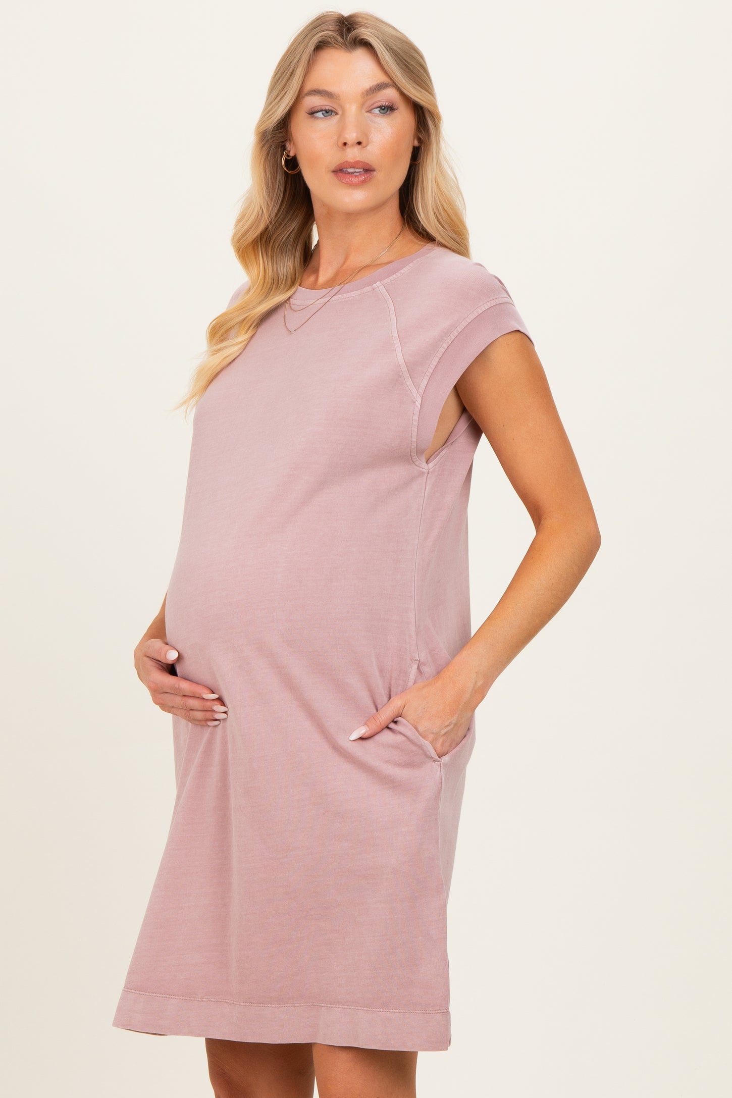 Pink Garment Washed Casual Capped Sleeve Maternity Dress Pink Garment Washed Casual Capped Sleeve Maternity Dress