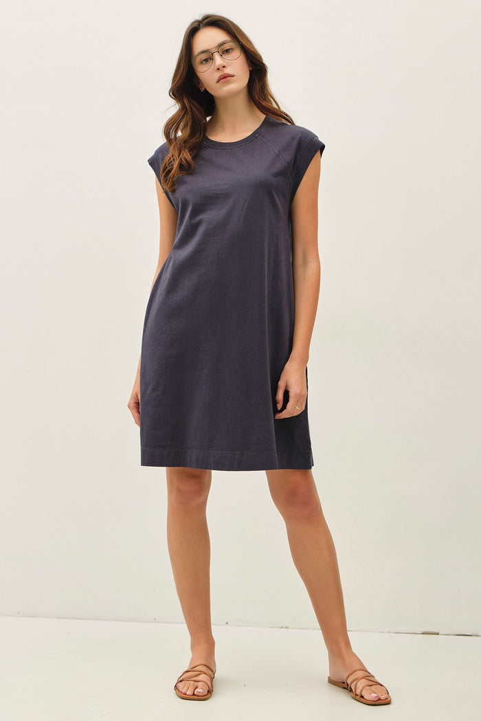 Charcoal Garment Washed Casual Capped Sleeve Dress