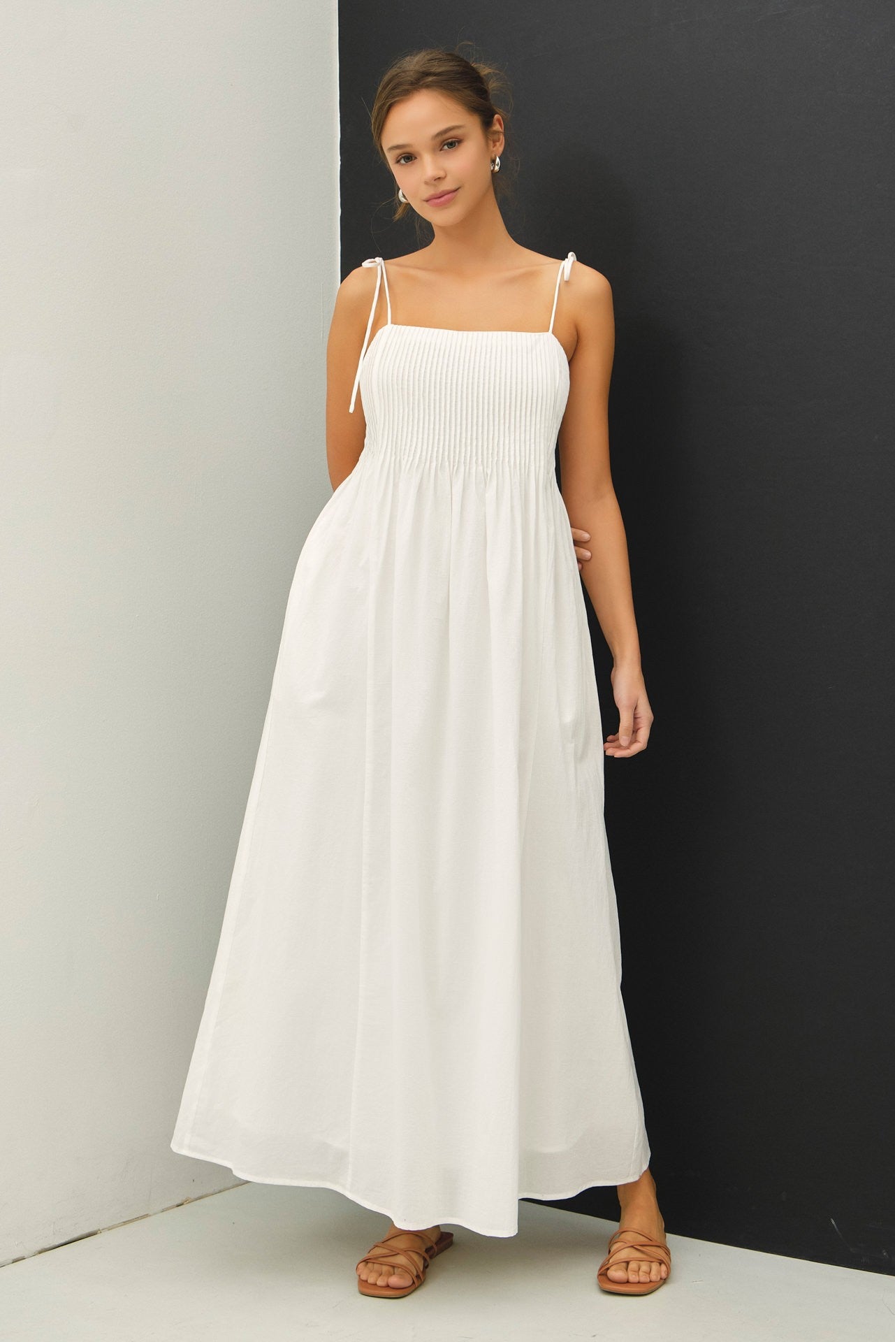 White Cotton Pintuck Tie Strap Maxi Dress – PinkBlush