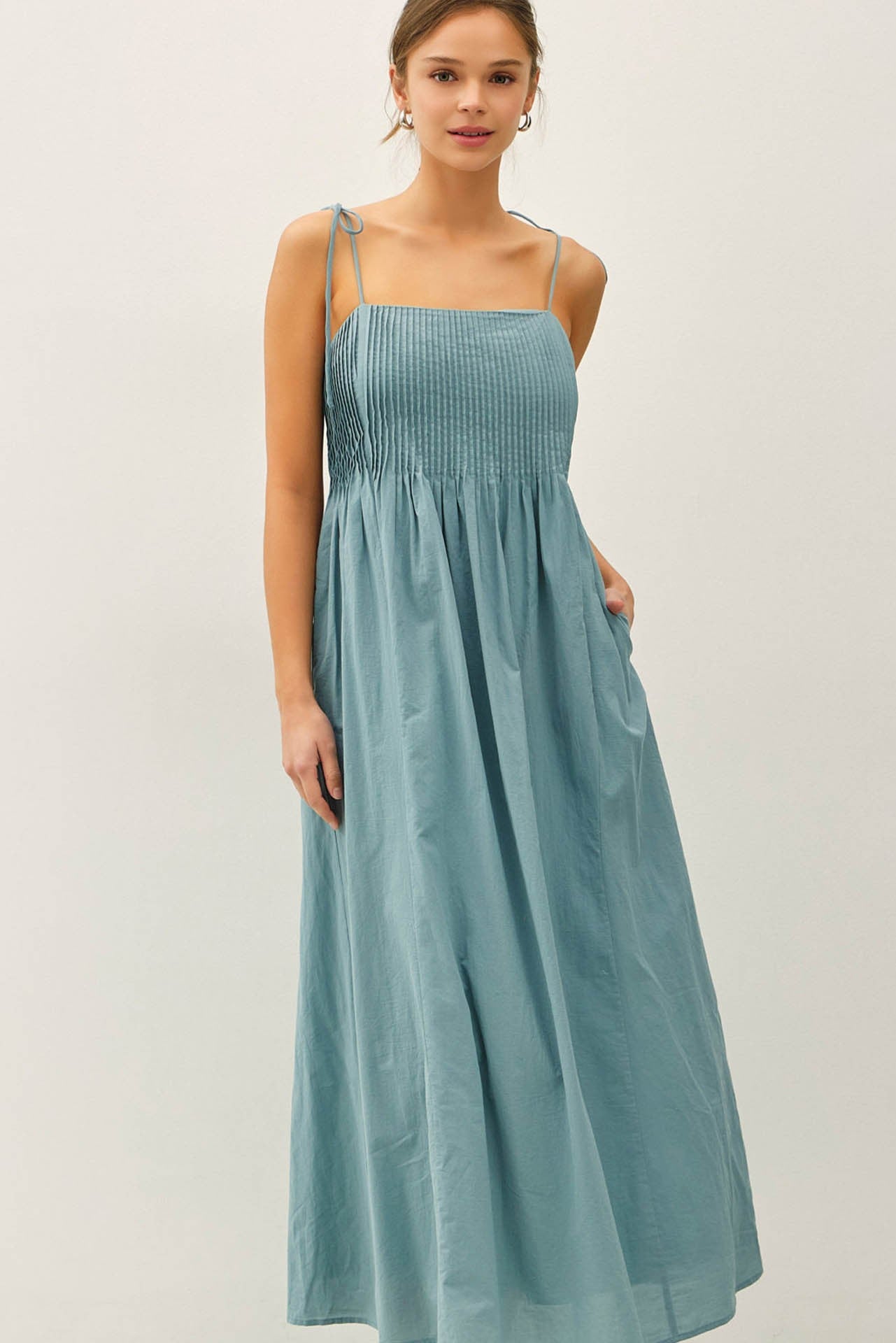 pintuck cotton dress Teal Cotton Pintuck Tie Strap Maxi Dress PinkBlush