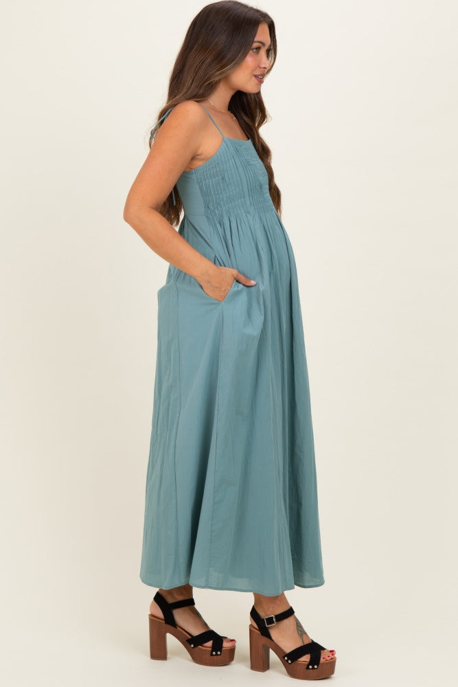 Teal Cotton Pintuck Tie Strap Maternity Maxi Dress – PinkBlush