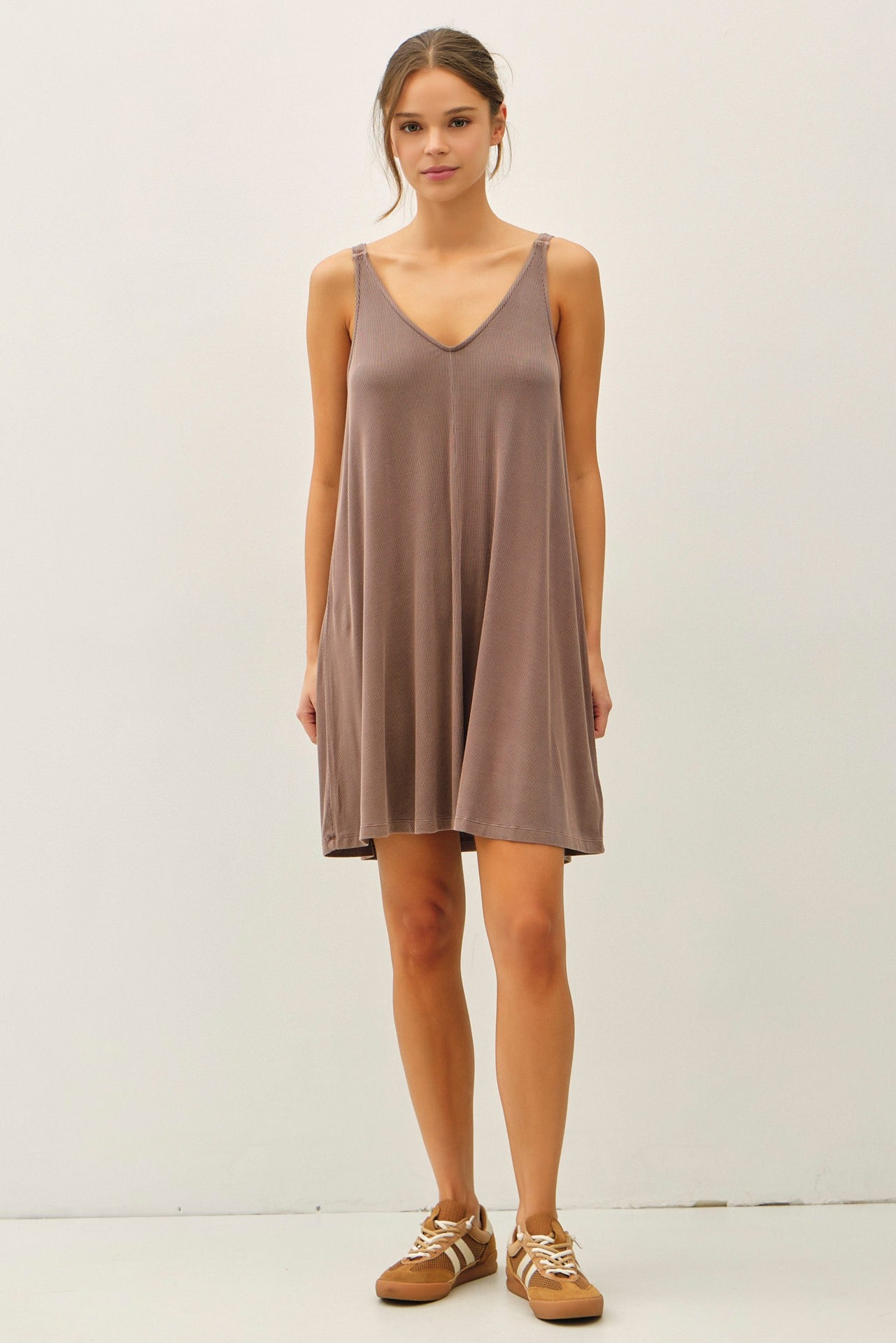 Brown Ribbed Sleeveless Front Seam Maternity Dress