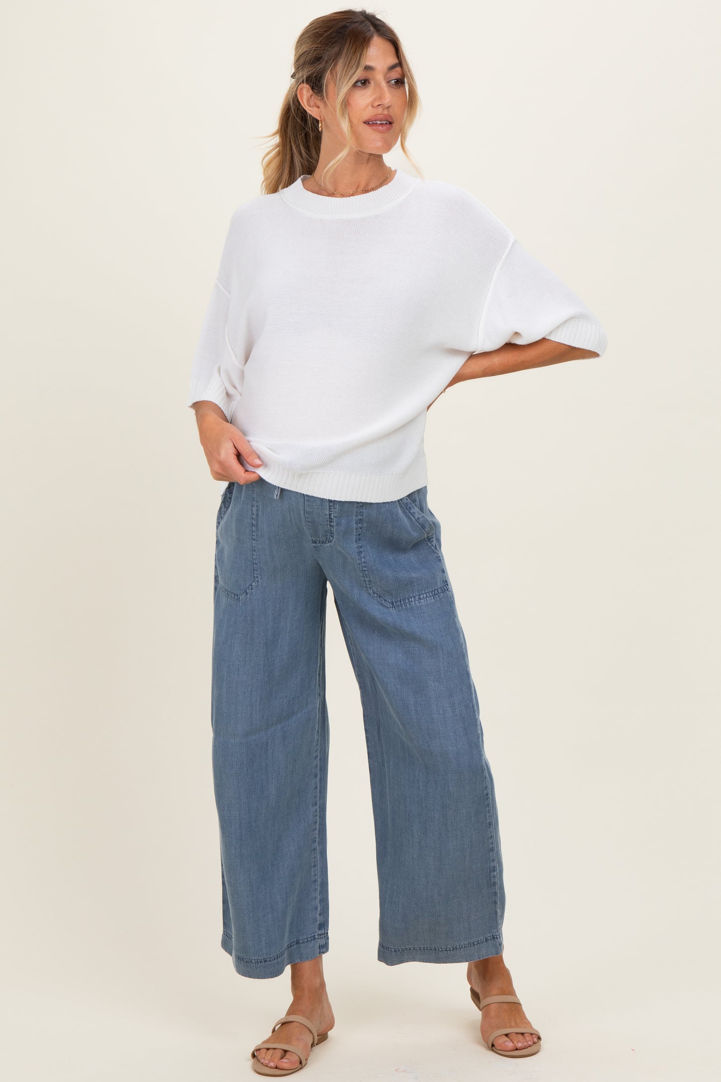 White Oversize Cut Sweater Maternity Top With Raw Edge