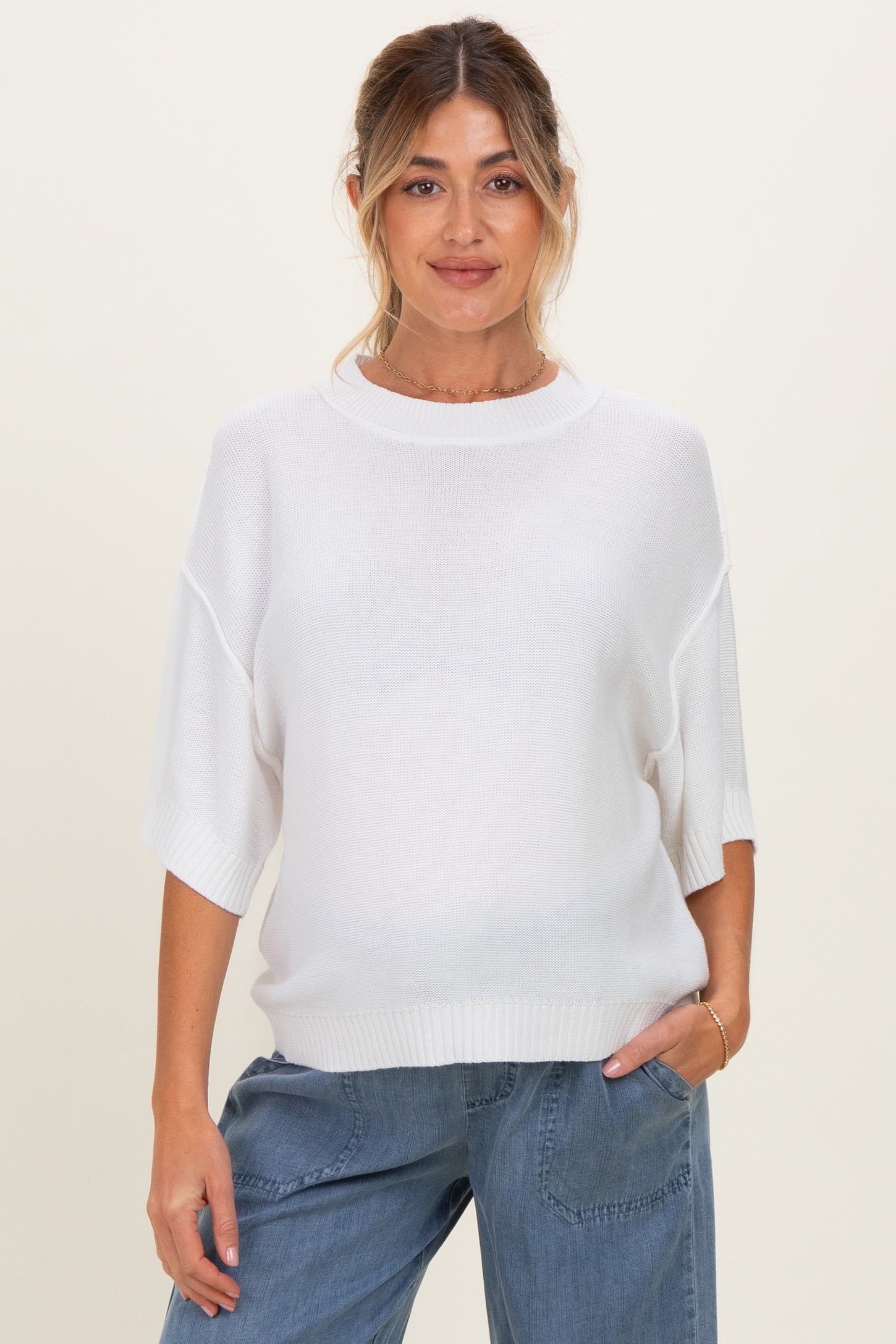 White Oversize Cut Sweater Maternity Top With Raw Edge
