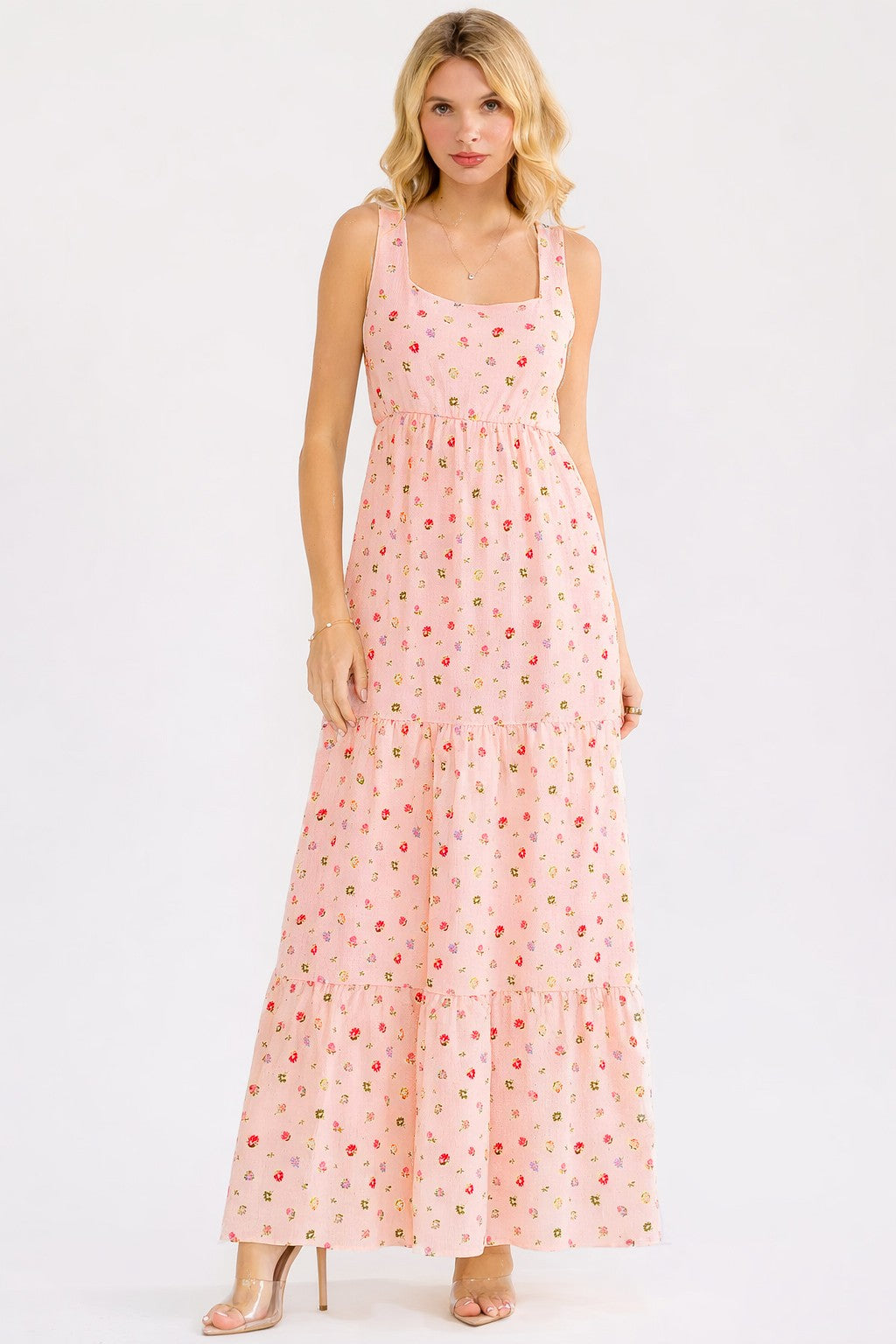 blush floral maxi dress FATE Floral Print Pleated Mesh Maxi Dress in Blush Pink S