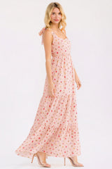 Blush Floral Tiered Shoulder Tie Maxi Dress