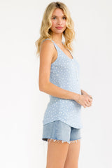 Blue Floral Pointelle Knit Tank Top