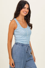 Blue Floral Pointelle Knit Tank Top