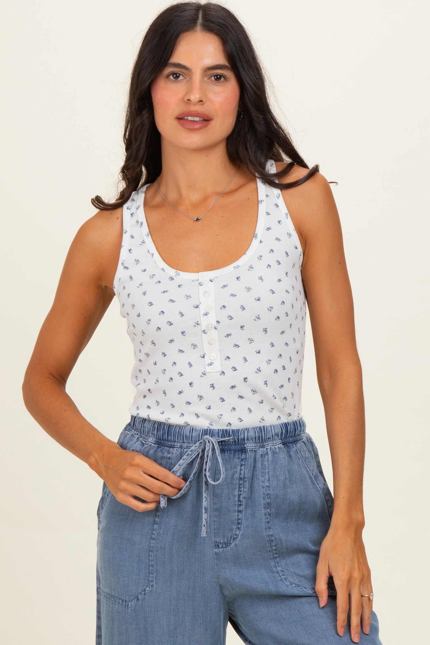 Blue Floral Pointelle Knit Button Tank Top