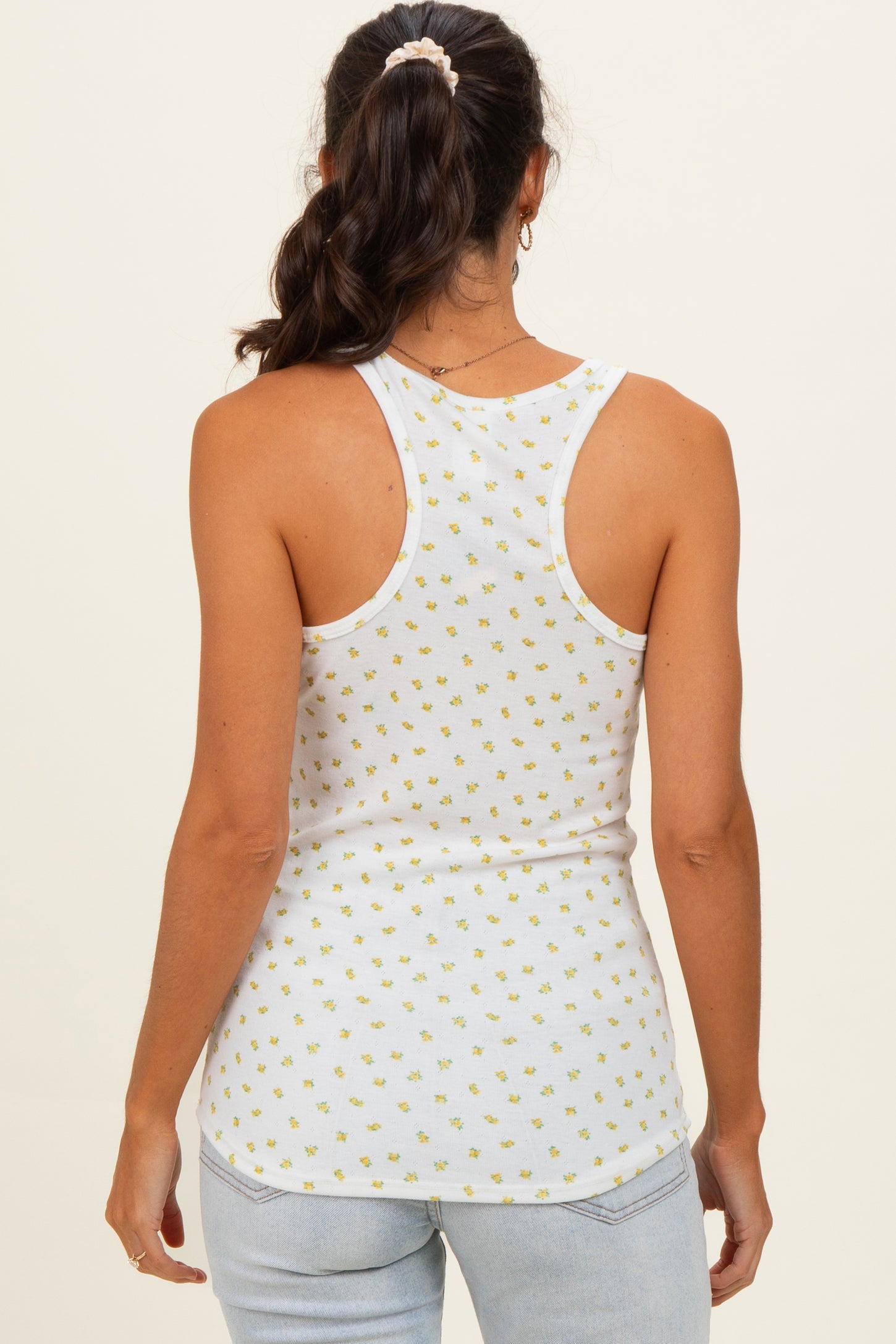 Mustard Floral Pointelle Knit Button Tank Top