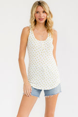 Mustard Floral Pointelle Knit Button Tank Top