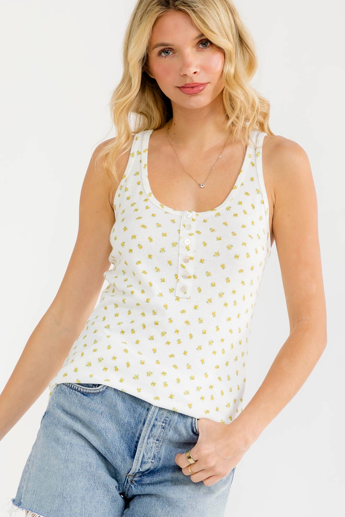 Mustard Floral Pointelle Knit Button Tank Top