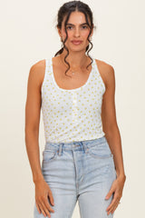 Mustard Floral Pointelle Knit Button Tank Top