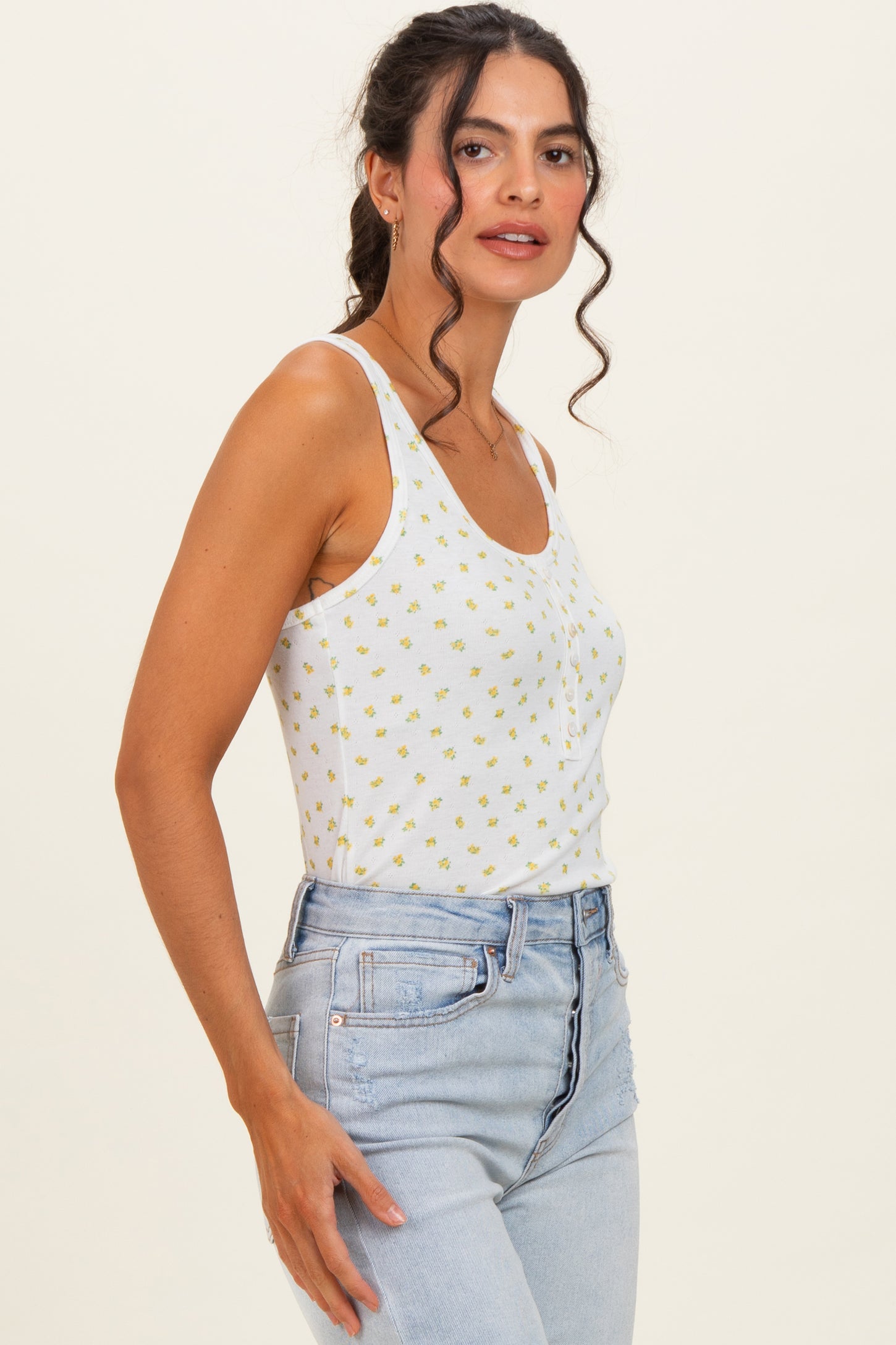 Mustard Floral Pointelle Knit Button Tank Top