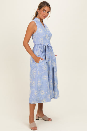 Light Blue Embroidered Sleeveless Midi Shirt Dress