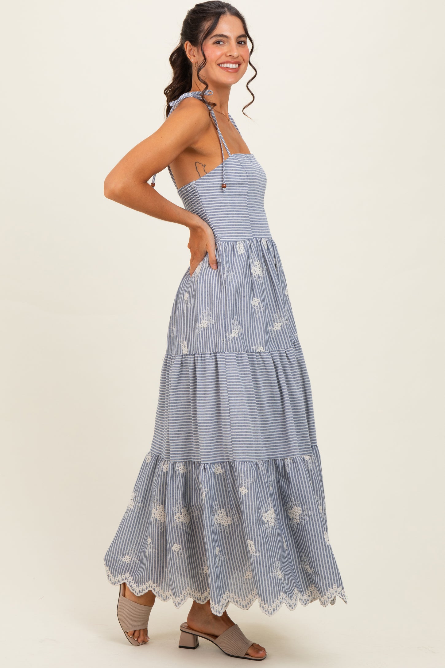 Navy Striped Embroidered Shoulder Tie Midi Dress PinkBlush Navy Striped Embroidered Shoulder Tie Midi Dress PinkBlush