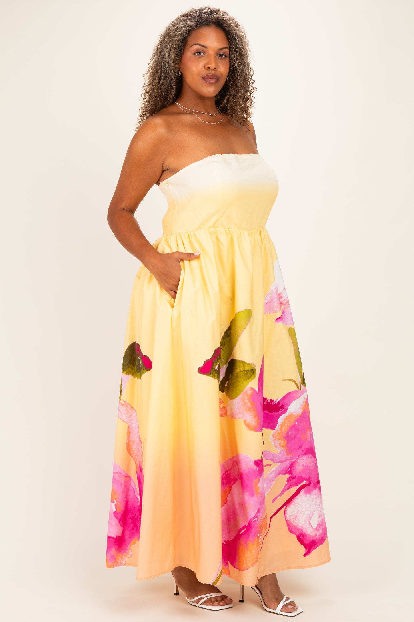 Light Yellow Floral Strapless Plus Maxi Dress – PinkBlush