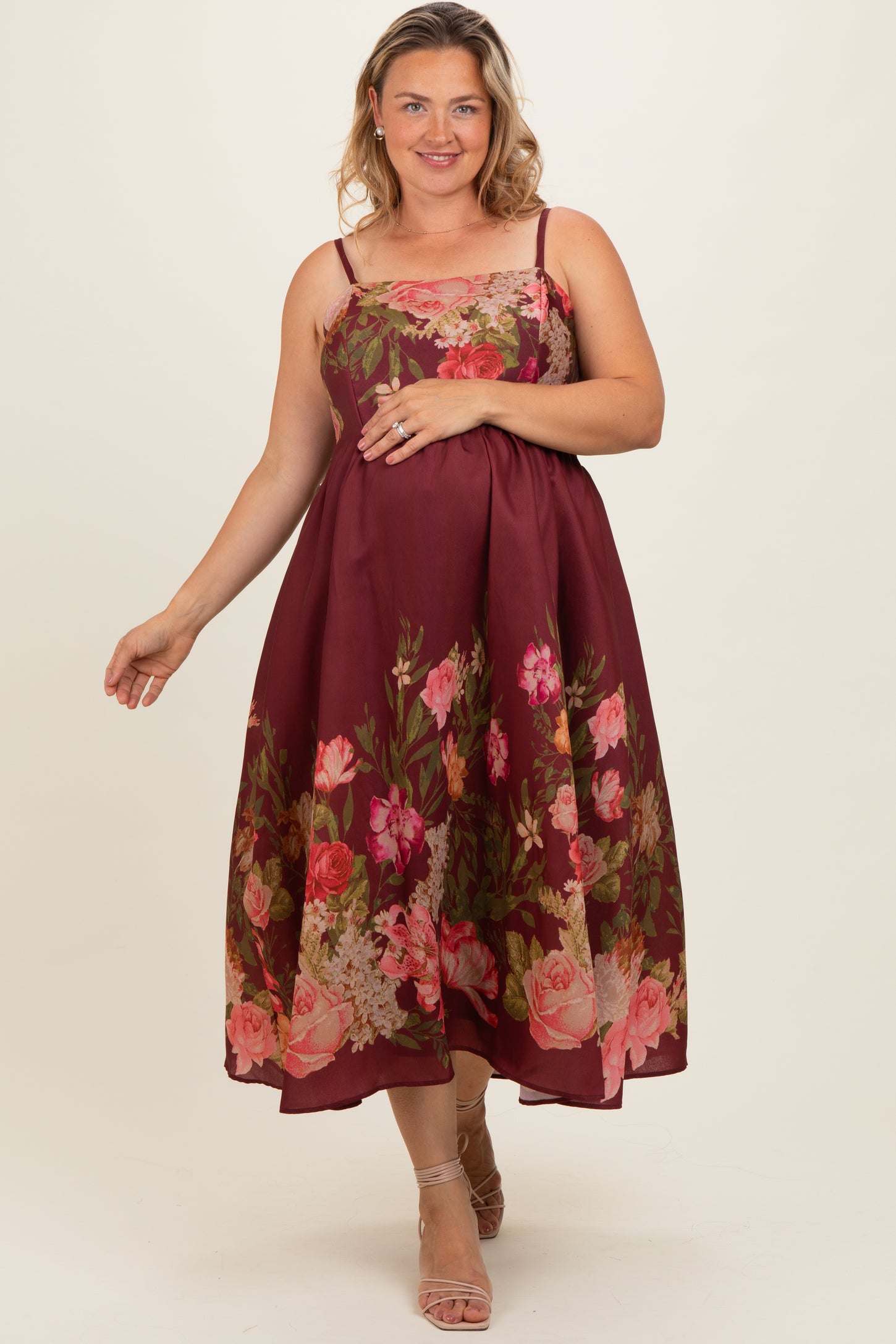 Burgundy Floral Thin Strap Maternity Plus Maxi Dress