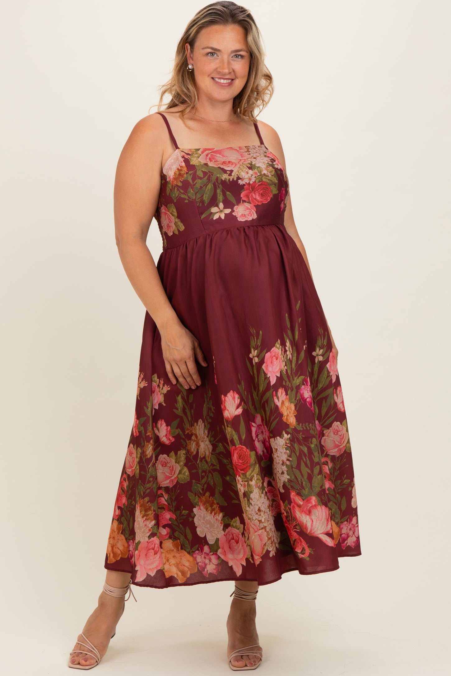 Burgundy Floral Thin Strap Maternity Plus Maxi Dress