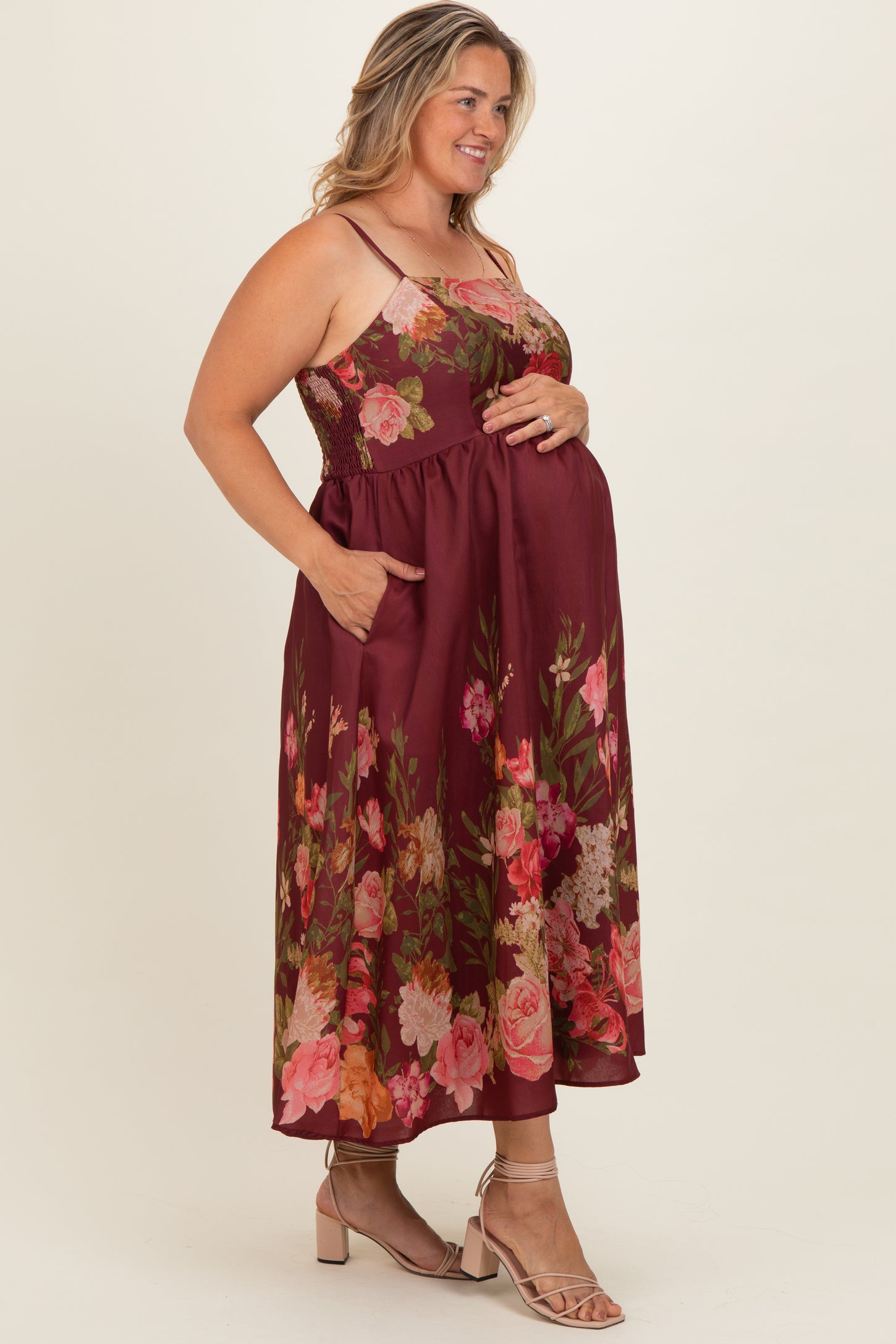 Burgundy Floral Thin Strap Maternity Plus Maxi Dress Burgundy Floral Thin Strap Maternity Plus Maxi Dress