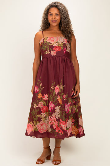 Burgundy Floral Thin Strap Plus Maxi Dress