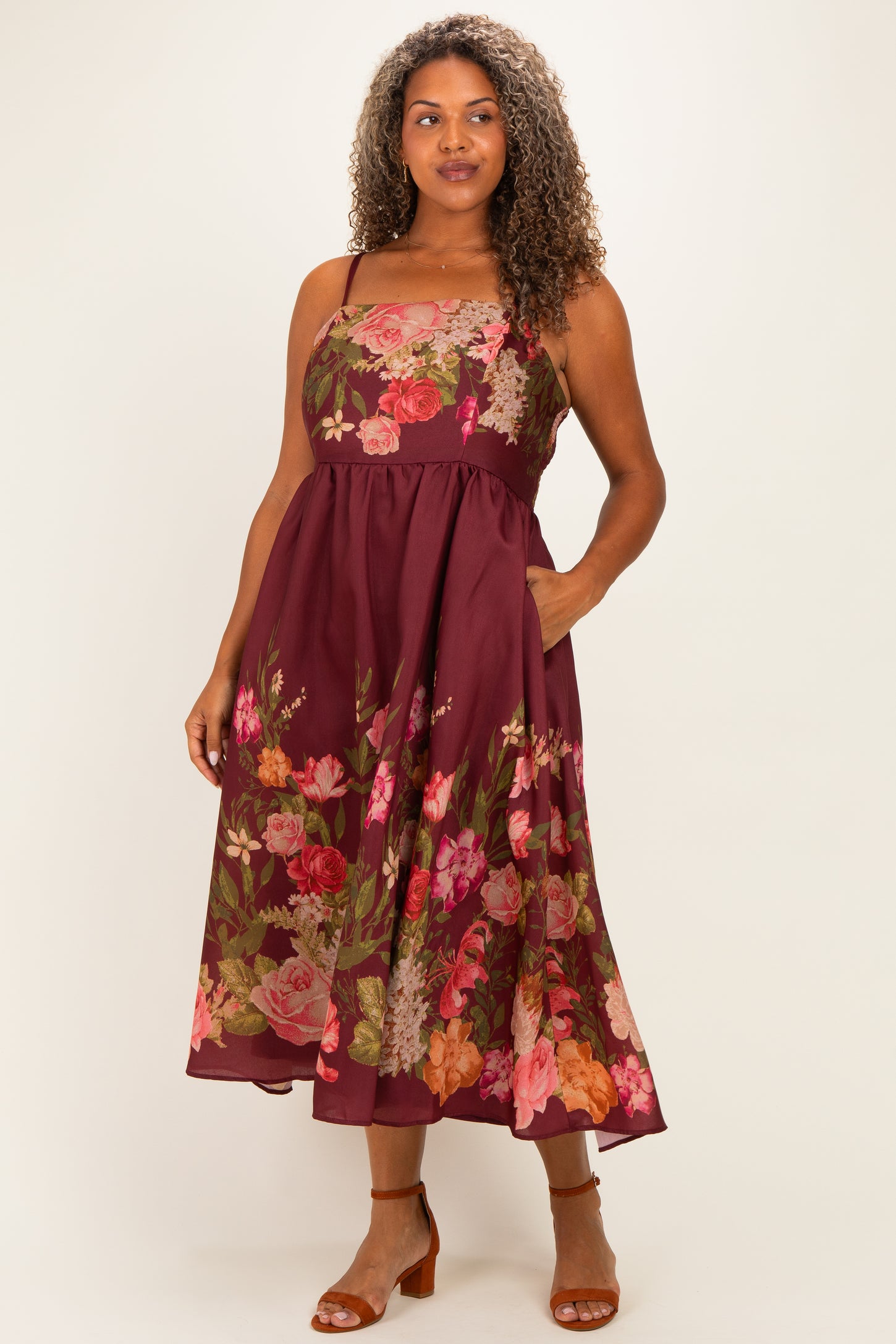 Burgundy Floral Thin Strap Maternity Plus Maxi Dress
