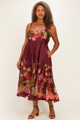 Burgundy Floral Thin Strap Maternity Plus Maxi Dress