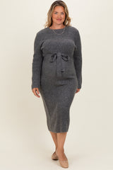 Charcoal Ribbed Tie Waist Maternity Plus Sweater Dress