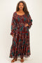 Wine Paisley Smocked Tiered Plus Maxi Dress