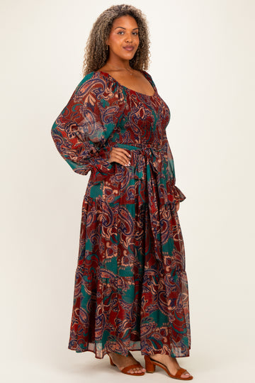 Wine Paisley Smocked Tiered Plus Maxi Dress