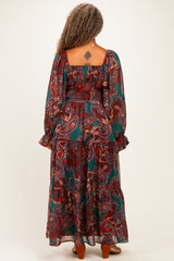 Wine Paisley Smocked Tiered Plus Maxi Dress