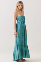 Aqua Teal Halter Neck Tiered Cutout Maxi Dress