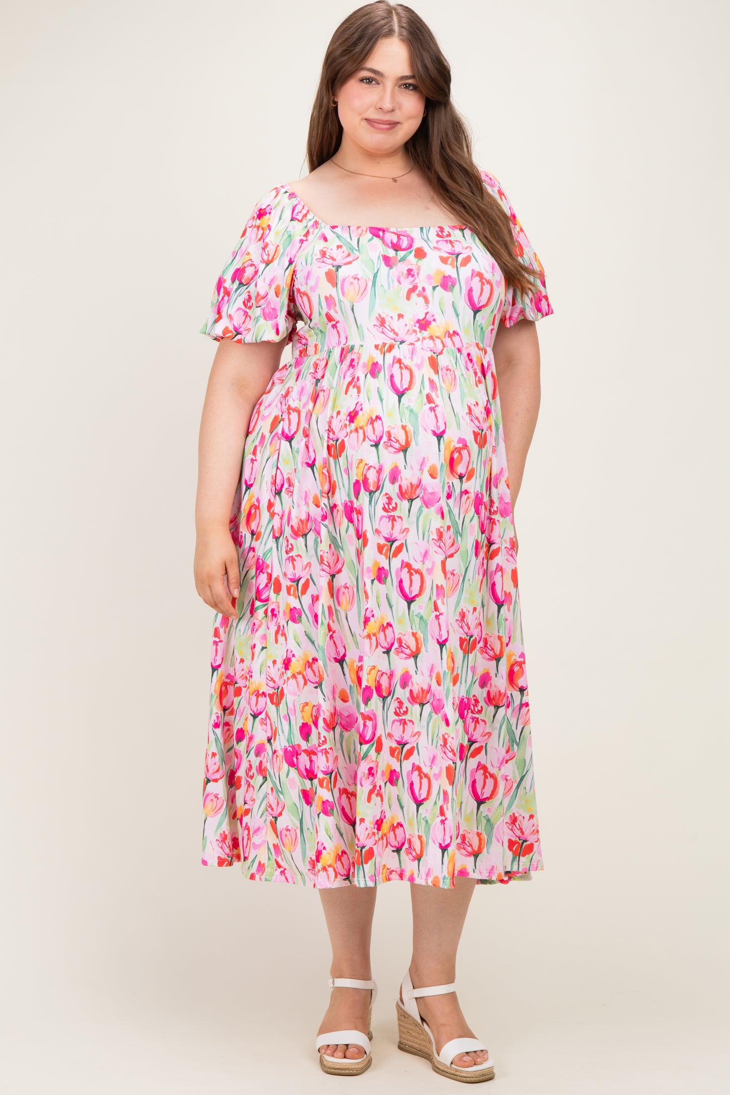 Pink Floral Square Neck Babydoll Plus Maxi Dress