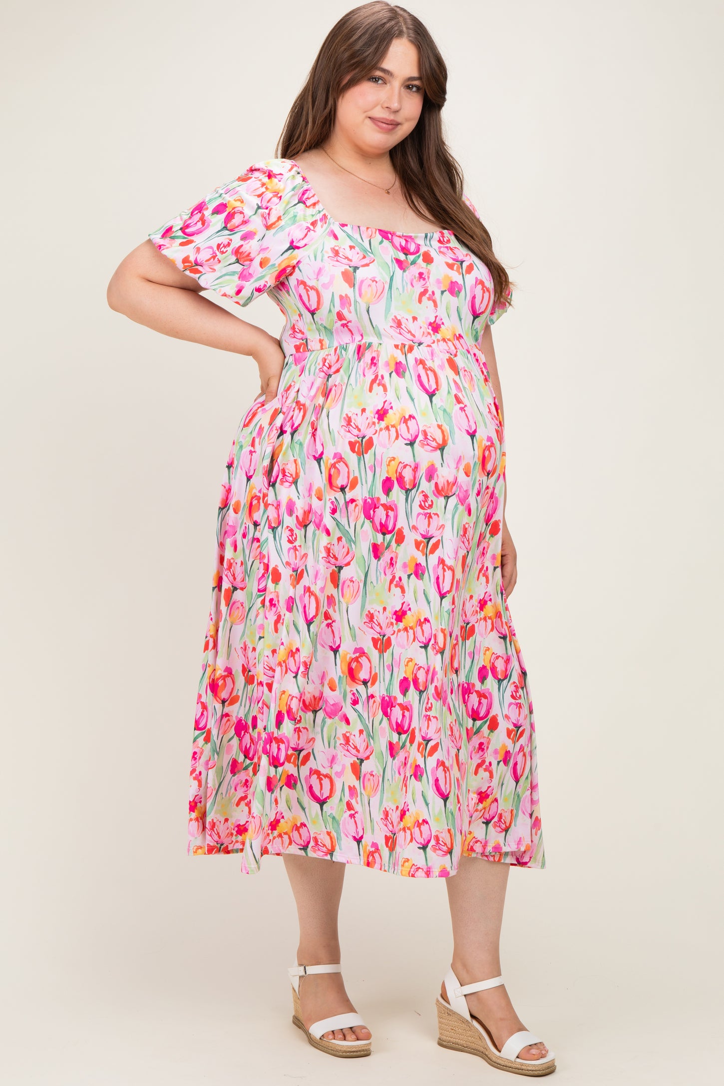 Pink Floral Square Neck Babydoll Plus Maxi Dress