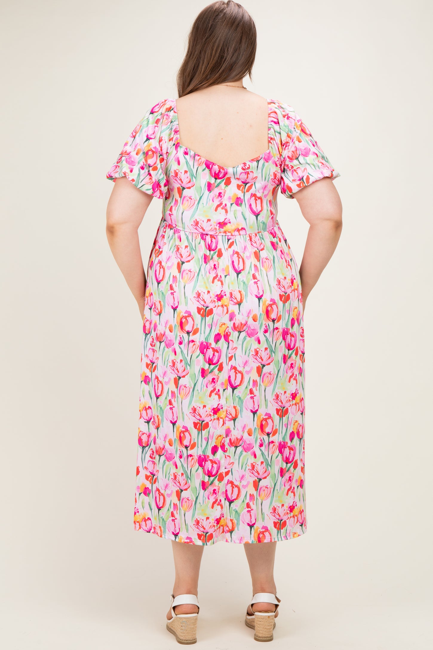Pink Floral Square Neck Babydoll Plus Maxi Dress