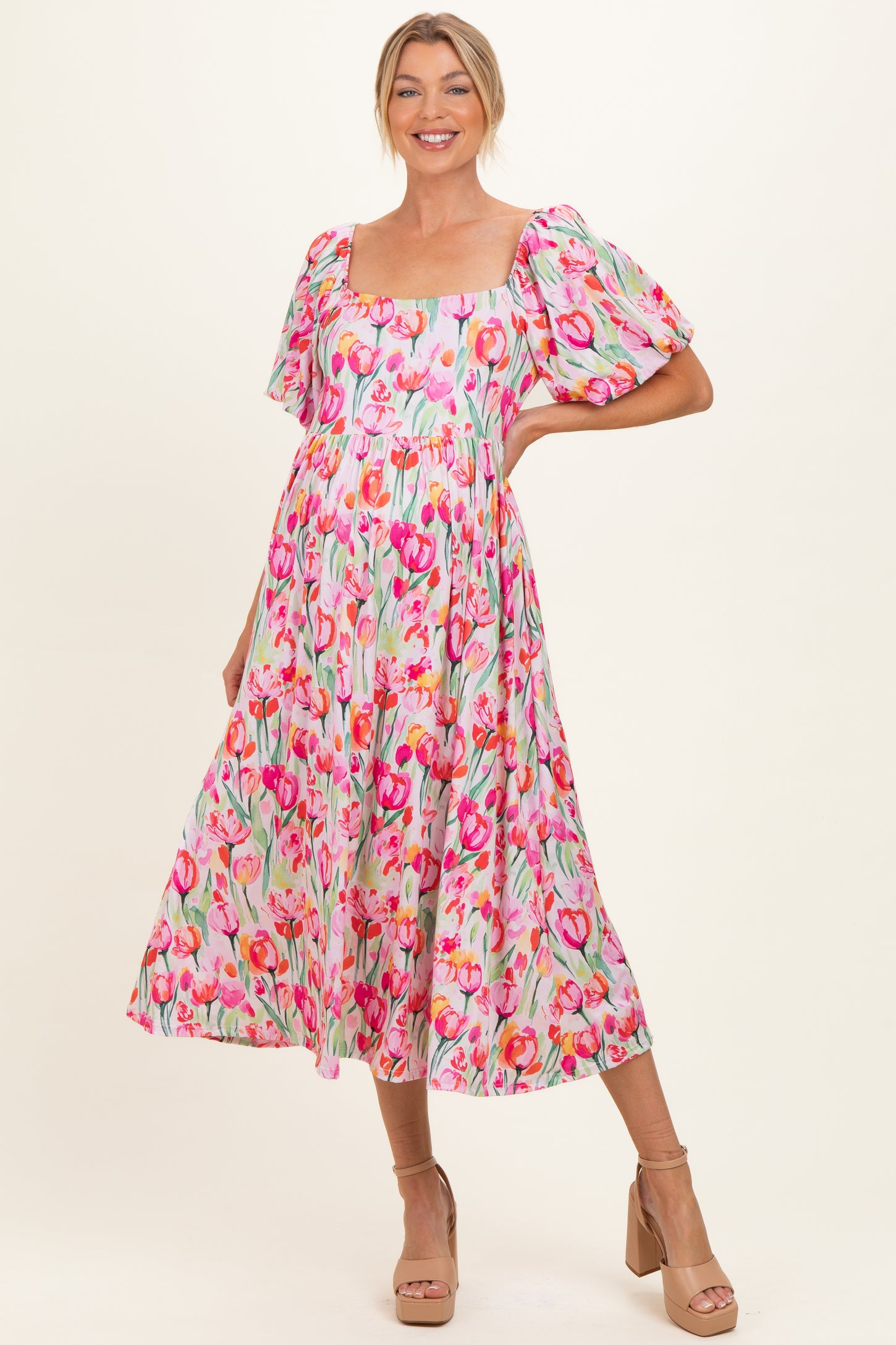 Pink Floral Square Neck Babydoll Maternity Maxi Dress