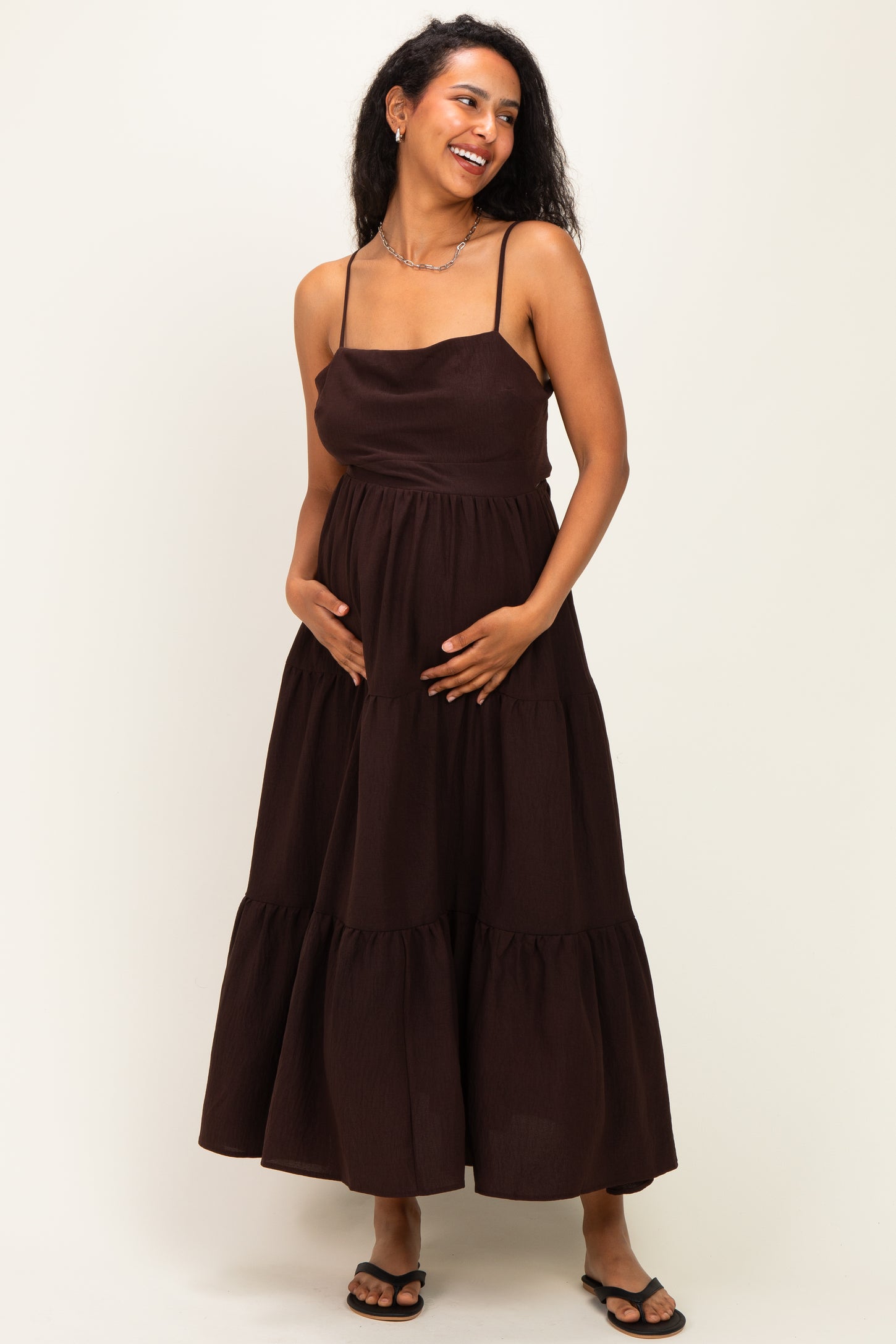 Brown Tiered Cutout Tie Back Maternity Midi Dress – PinkBlush