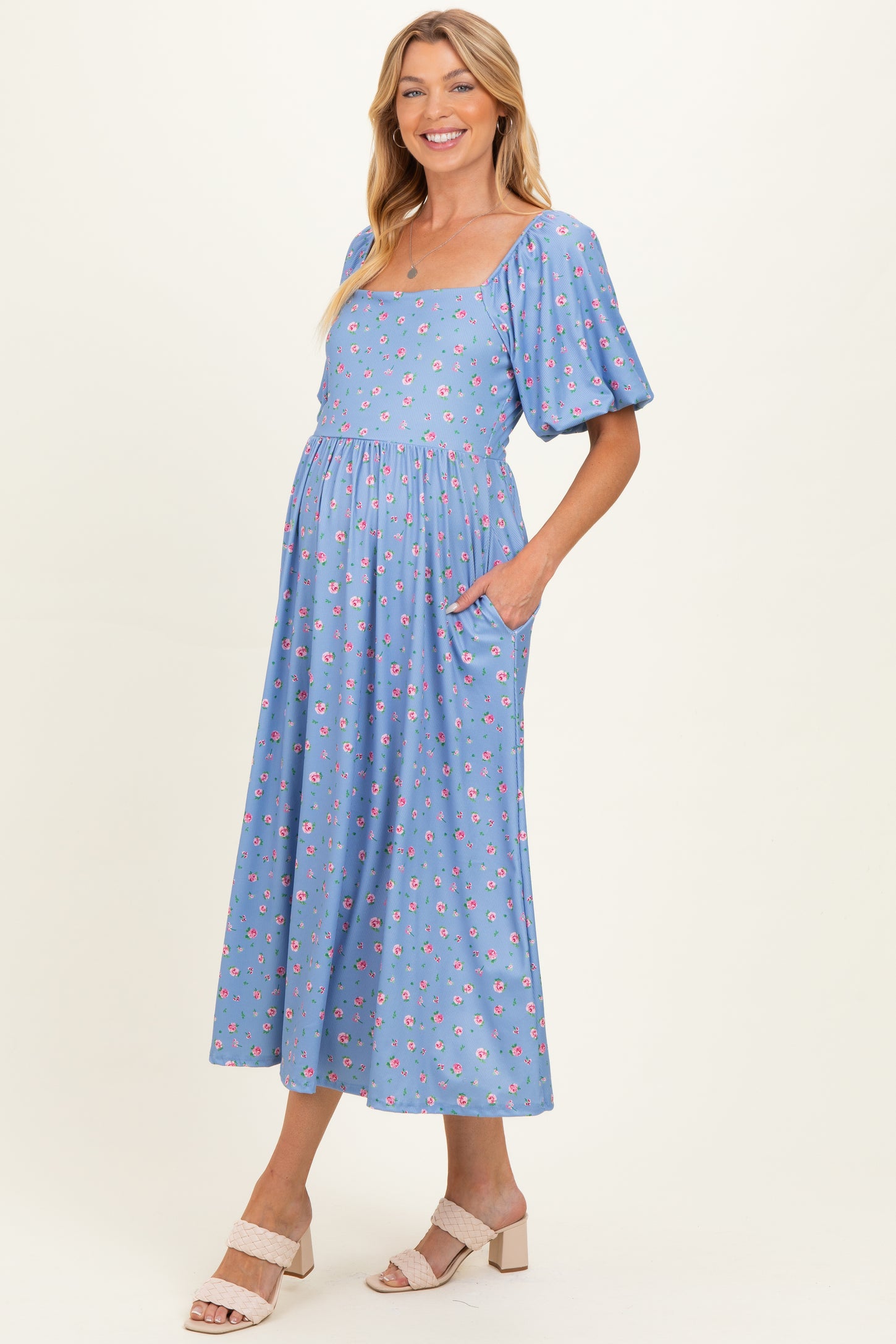 Light Blue Floral Bubble Short Sleeve Babydoll Maternity Dress