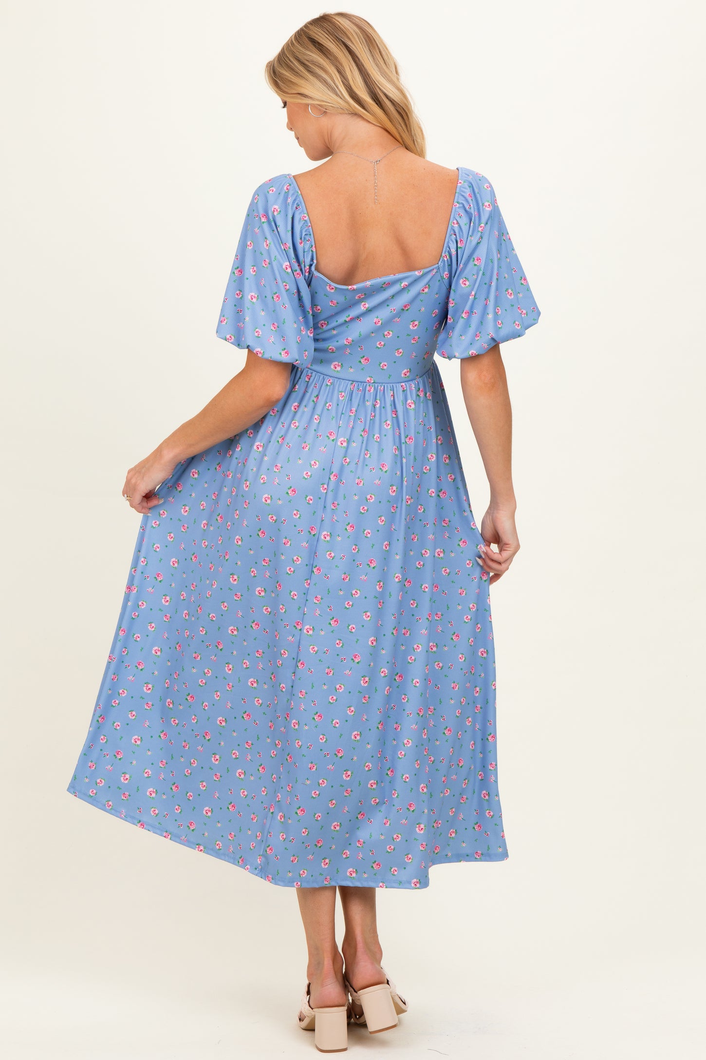 Light Blue Floral Bubble Short Sleeve Babydoll Maternity Dress