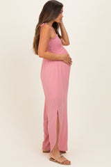 Mauve Smocked Wide Leg Adjustable Strap Maternity Jumpsuit