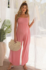 Mauve Smocked Wide Leg Adjustable Strap Maternity Jumpsuit