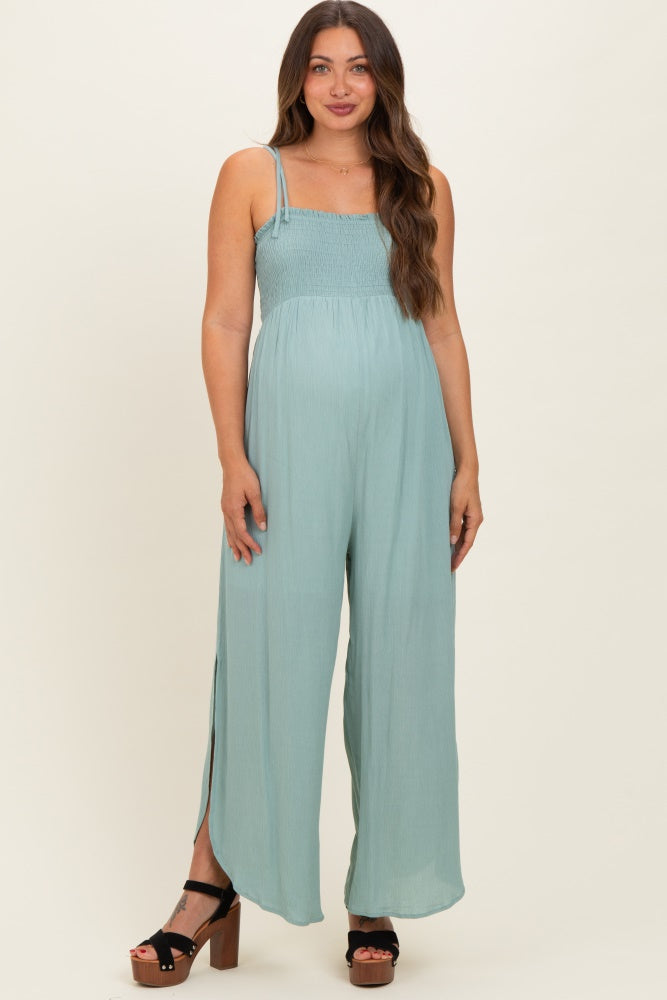 Sage Smocked Wide Leg Adjustable Strap Maternity Jumpsuit
