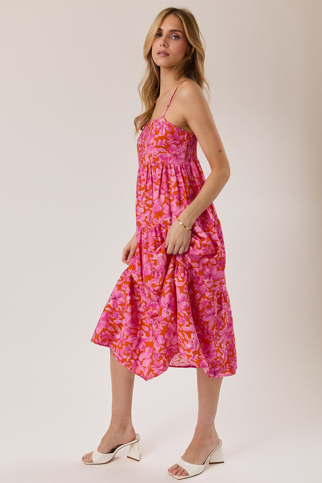 Fuchsia Floral Sleeveless Tiered Midi Dress