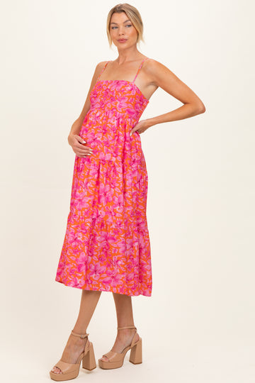 Fuchsia Floral Sleeveless Tiered Maternity Midi Dress