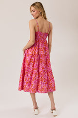 Fuchsia Floral Sleeveless Tiered Midi Dress