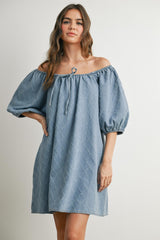 Light Blue Chambray Jacquard Puff Sleeve Mini Dress