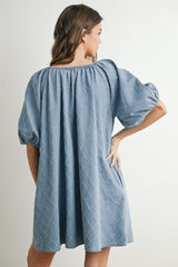 Light Blue Chambray Jacquard Puff Sleeve Mini Dress