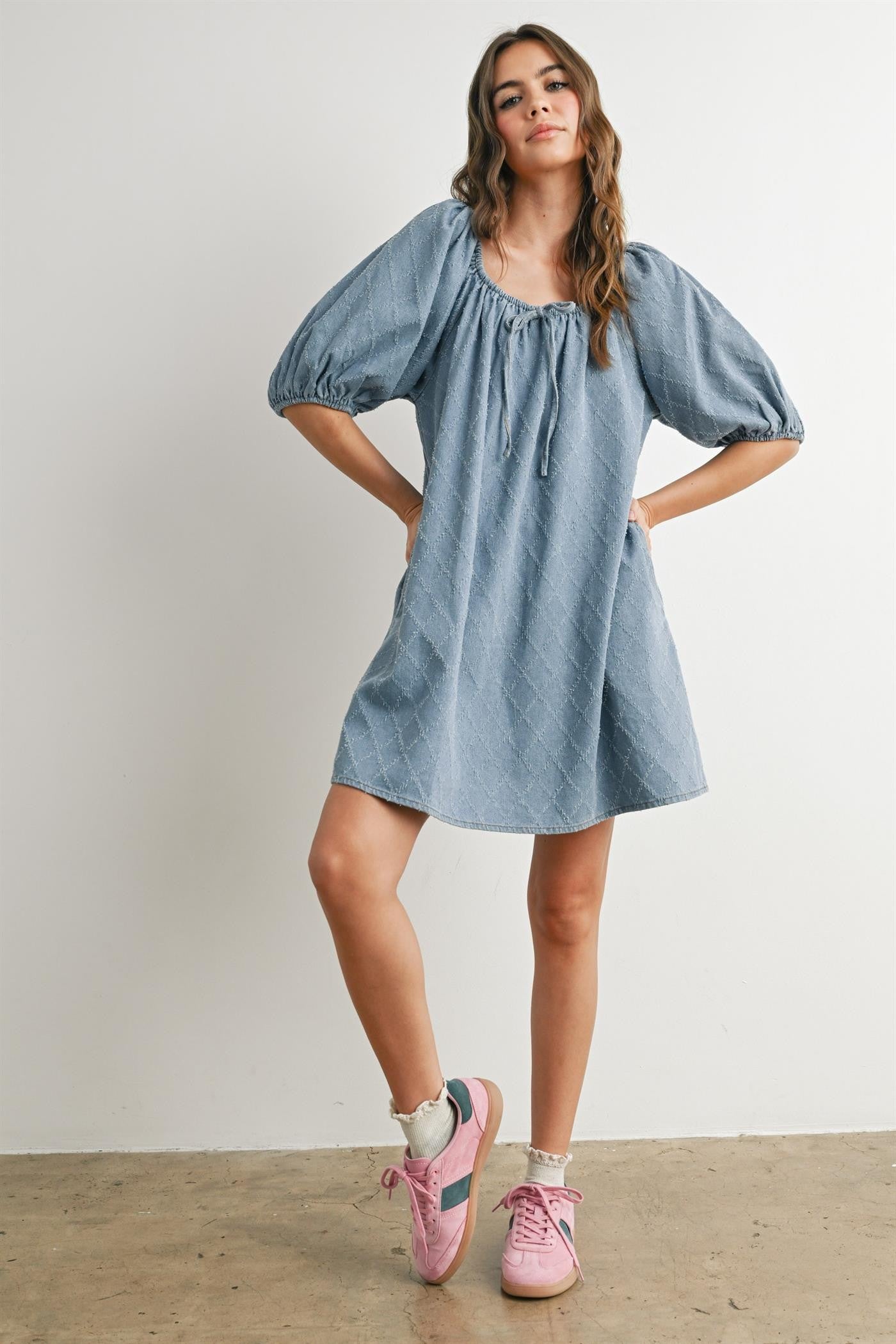 Light Blue Chambray Jacquard Puff Sleeve Mini Dress