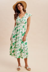 Green Floral Button Detail Midi Dress